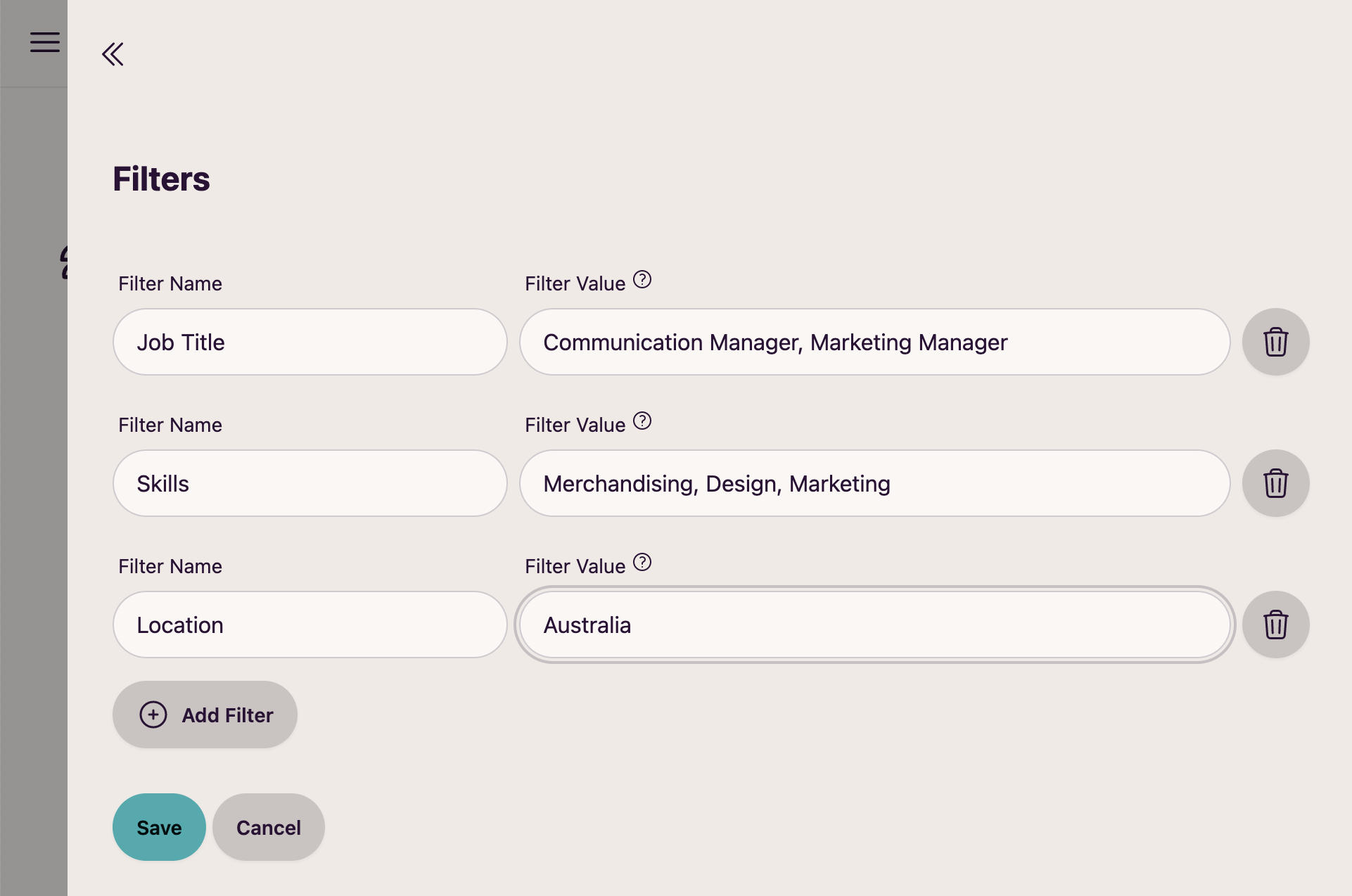 Configure filters